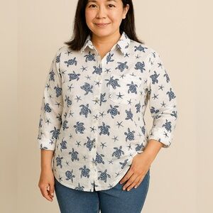 Coldwater Creek 5 Button Placket 3/4 Sleeve Popover Turtle Blouse Size Petite L